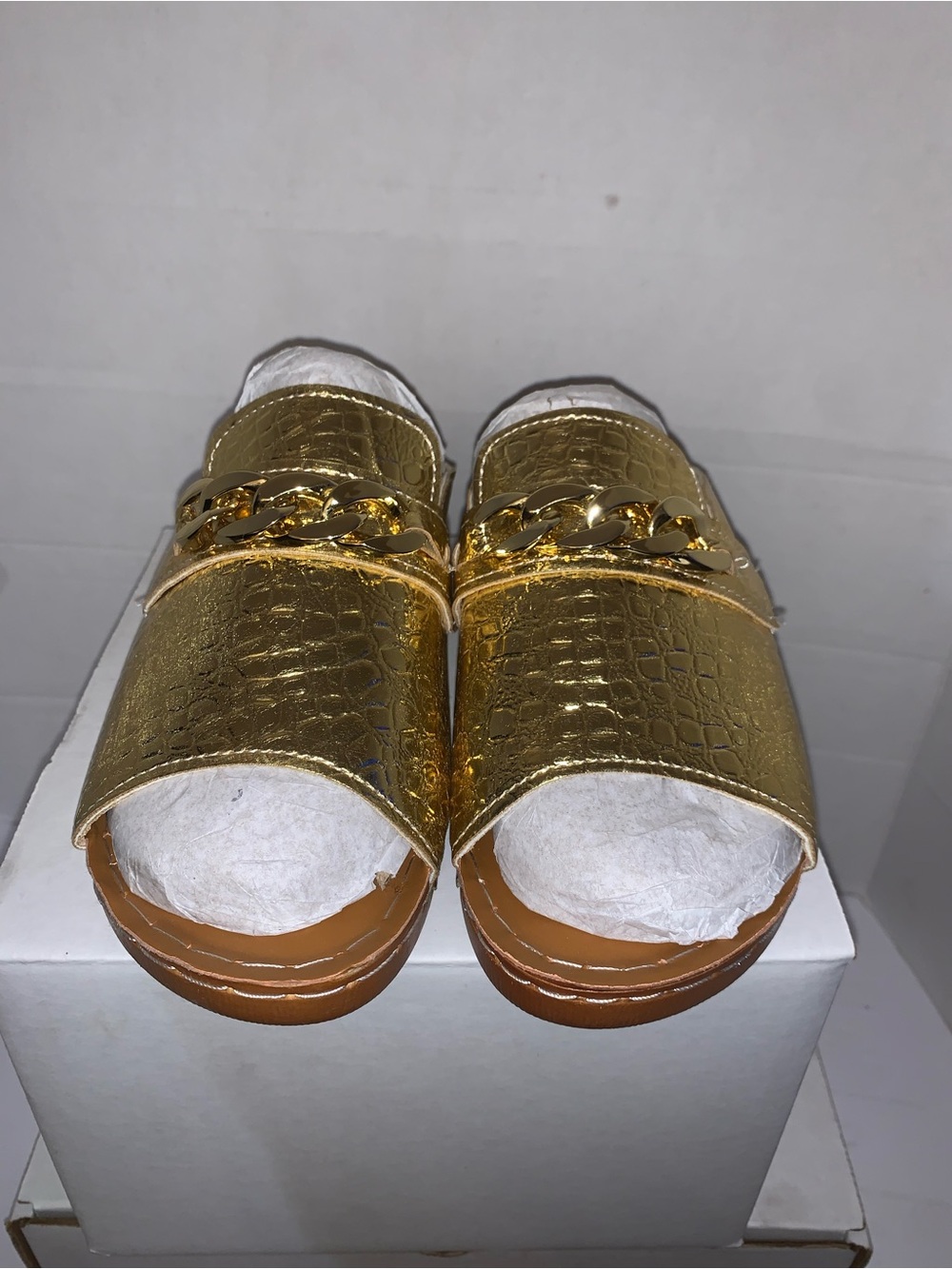 Gold Metallic Chain Slide Sandals - Women's
